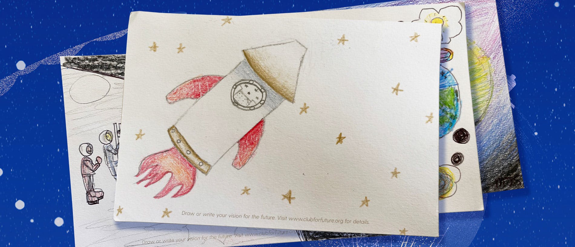 A postcard with a drawn rocket among the stars