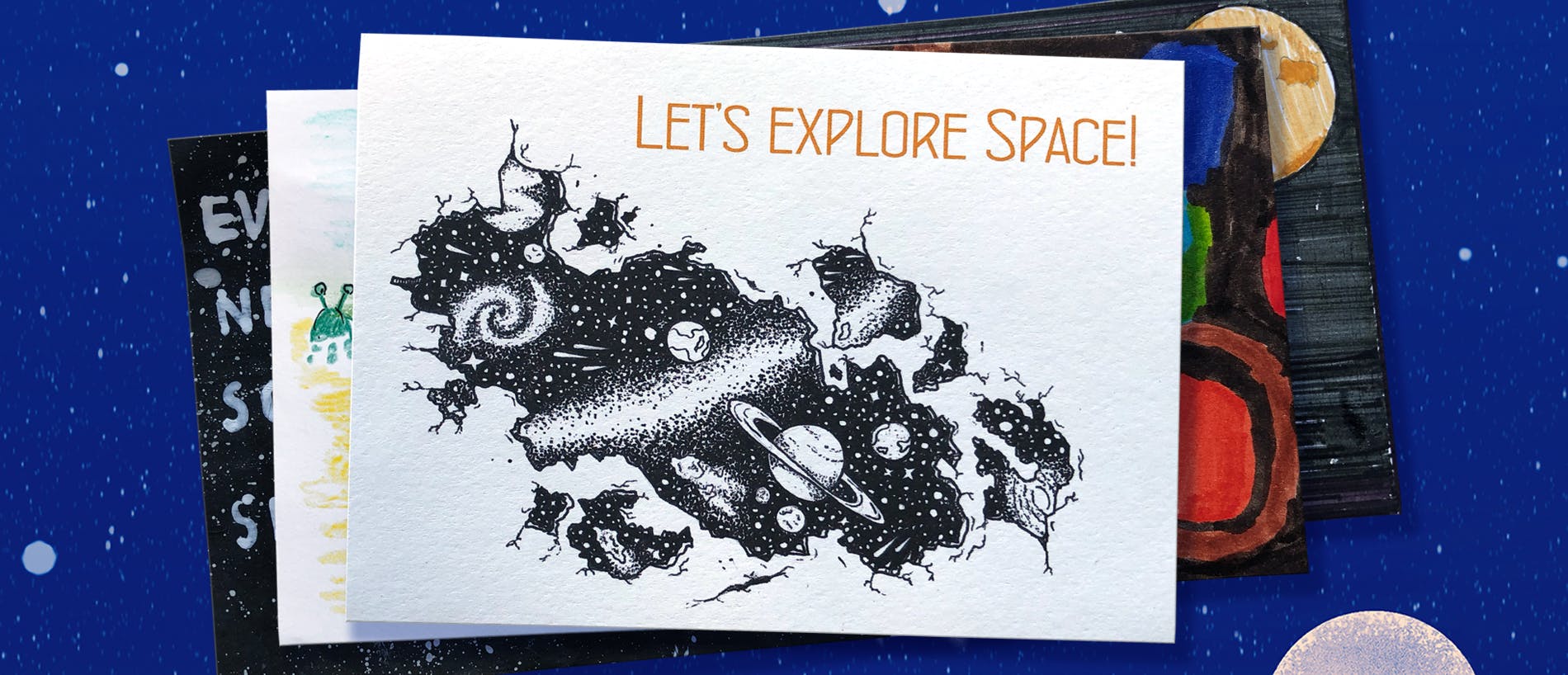 Sample postcard with a drawing of planets in space
