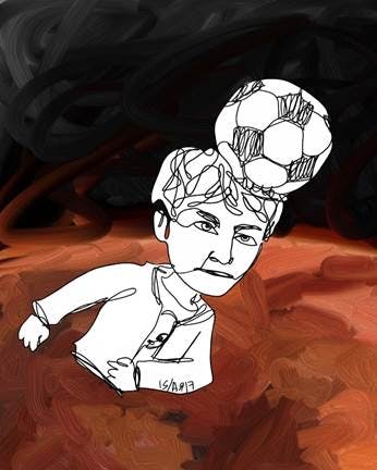 A postcard with a black and white drawing of a person heading a soccer ball