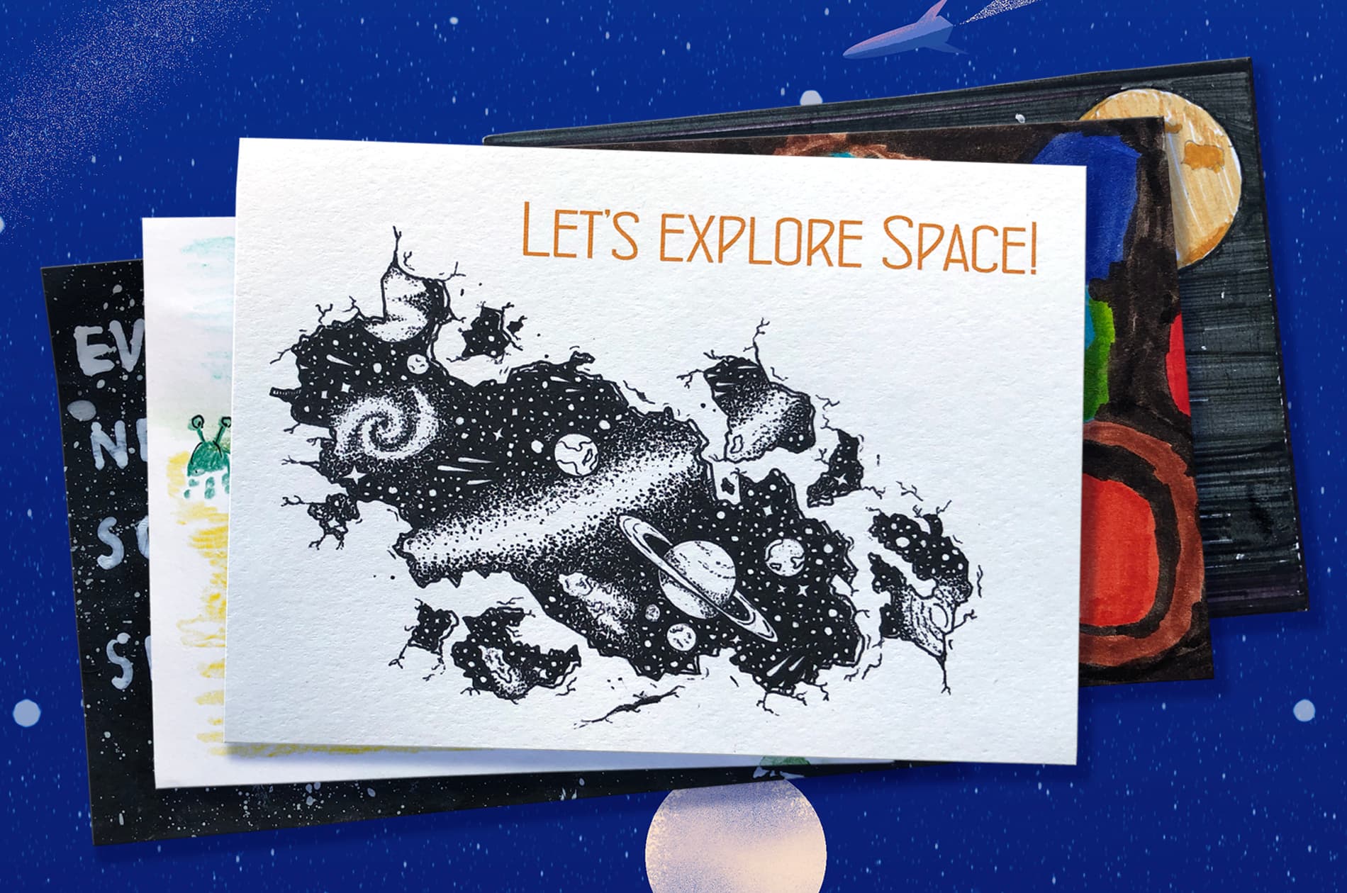 Sample postcard with a drawing of planets in space